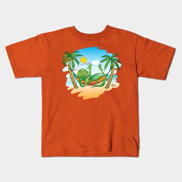 Lazy iguana relaxing in a hammock at the beach Kids T-Shirt by zooco